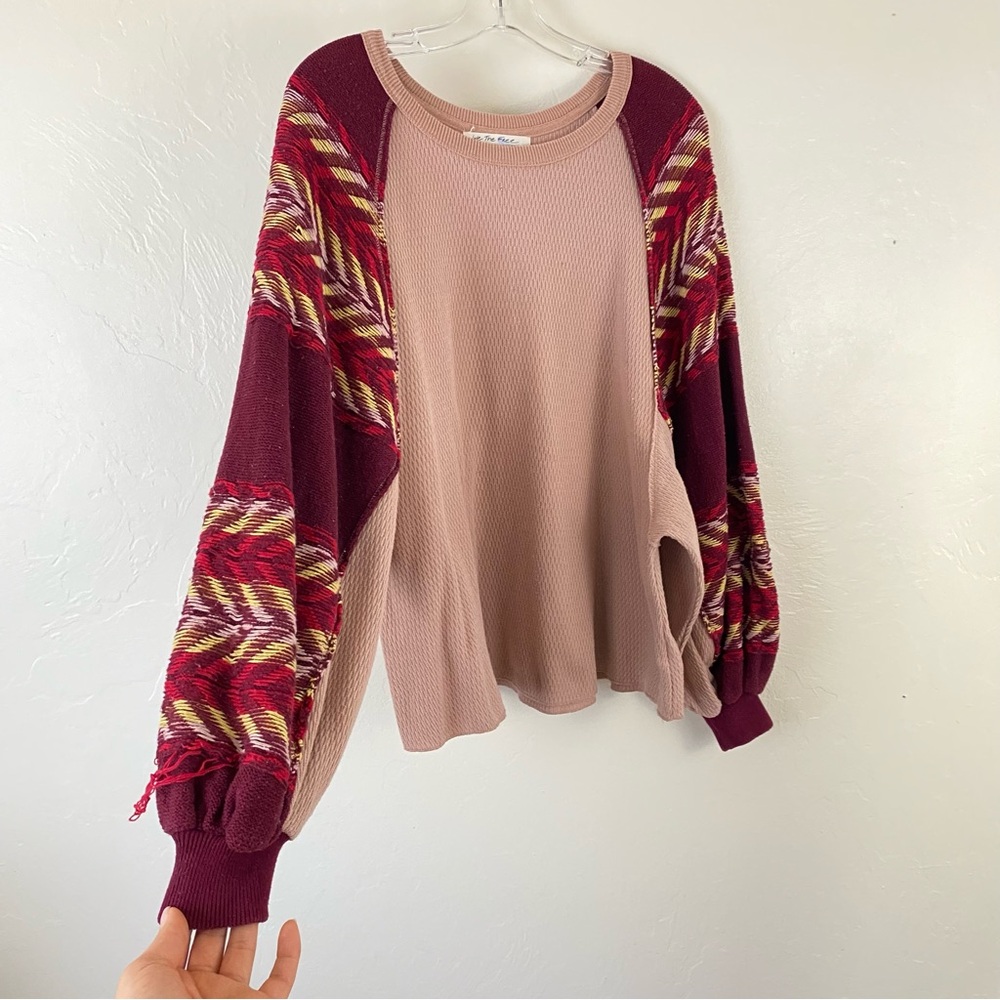 Free People Size Small Pink & Red Ribbed Knit Bubble Sleeve Oversize Thermal Top